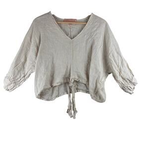 Scandal Italy Maggie Linen Top Women's Small Natural Tie Front Puff Sleeve Beige